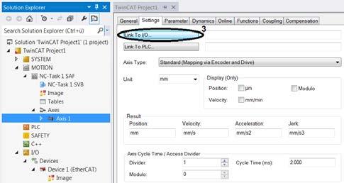 In the Solution Explorer the new axis appears with its name within the NC axis configuration.