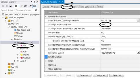 Advanced system characteristics Specifying velocities Checking the scaling factor In the Solution Explorer, open Motion NC-Task 1 SAF Axes Axis 1 Enc (1). Open the Parameter tab (2).
