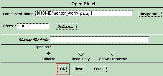 In the popup window, click at the end of the text in the Component Name box and type: /opamp1. This will create a new design sheet with name of opamp1. You can use any name you like for your design.