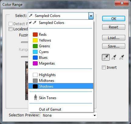 Figure 90. The Color Range Interface, select Shadows * You should see racing ants all over your image, don t worry this is supposed to happen!