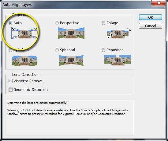 Figure 44. Auto-Align Layers dialog, select Auto * Photoshop will select both layers and align them by their matching features.