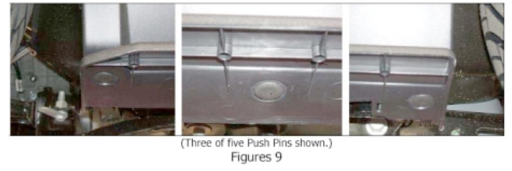 11. Install a new push pin into each of the five (5) drilled holes. Refer to figure 9. 12.
