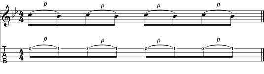 The second plucked note is an F. As soon as that note is plucked, come down hard on the E string at the 3 rd fret with your finger; that action will elicit a G. Use your tuner to see this change.