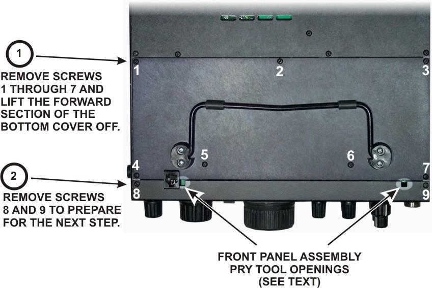 Refer to Figure 6 and remove screws 1 through 7, then lift the forward section of the bottom cover off. Put it in a safe place to avoid scratches. Figure 6. Removing Bottom Cover and Front Panel Assembly Screws.