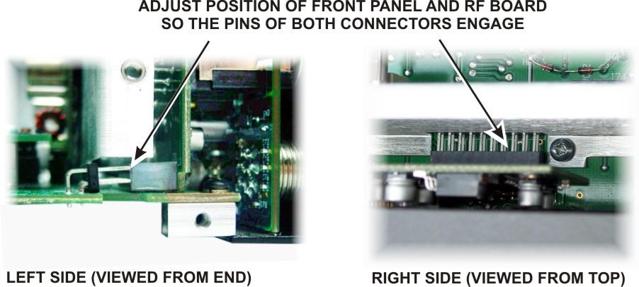 Hold the front panel in place against the chassis assembly and turn the unit over to look at the two multi-pin connectors on the top of the RF board.