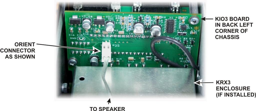 Hold the top cover above the K3, route the speaker wire under the stiffener bar and plug it into P25 on the KIO3 board at the left rear of the K3 as shown in Figure 14. Figure 14. Connecting Speaker Cable.