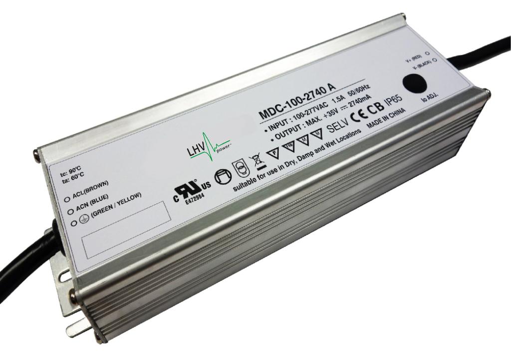 AC - DC LED Driver Features Built-in 10KV lightning surge protection (EN61000-4-5) 90 ~ 305Vac full range input; Active PFC Output voltage range up to 58Vdc for outdoor lighting Aluminum case IP65/