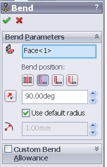Choose the default radius as the bending