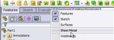 Getting Started In order to begin working with Sheet Metal you must first activate the sheet metal tab on the command manager.