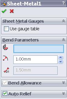 When a base flange feature is created a number of items are added to the feature manager design tree. Sheet-Metal1: is automatically added above the Base flange feature.