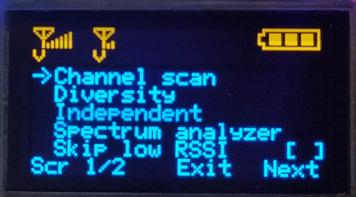 Menu and options: 1. Channel scan. During channel scan the receiver scans all 40 channels, collects RSSI data and shows it on display in graphical form.