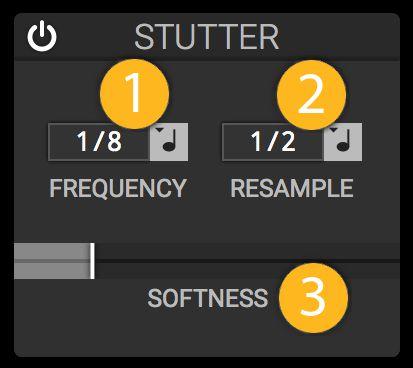 STUTTER The Stutter module samples a section of input audio and repeats it. 1. Stutter Frequency This sets how fast the stutter is, which sets the length of the stutter sample. 2.