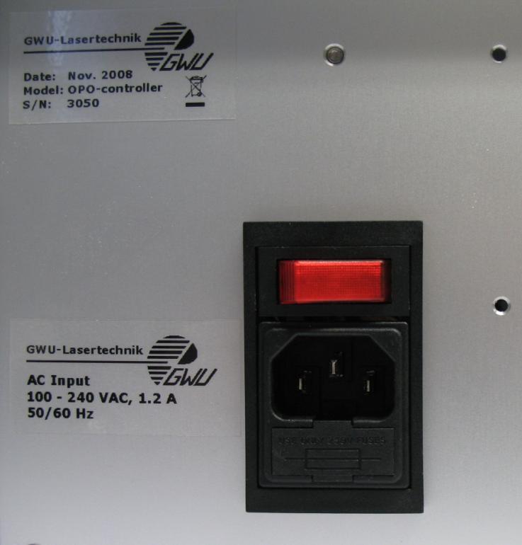 The backside of the controller box: Mains switch IEC C14 socket fuse carrier The controller box is operated with mains power 100-240VAC, 50/60 Hz.