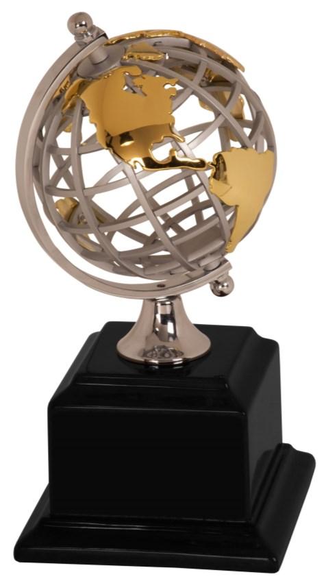 Price includes an engraved flexibrass plate. EX003-8-3/4 Gold/Silver Metal Globe on a Black Piano Finish Base. Wt 3.