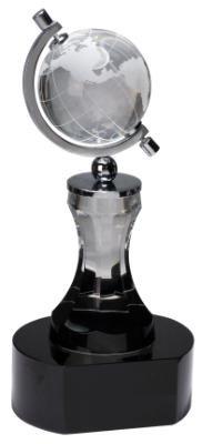 CRY046-8-1/2 Crystal Spinning Globe on a Clear Pedestal on a Black Base Wt. 5.