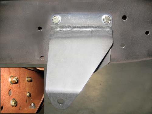 5. 1948-1956 Ford pick up Align the correct bracket over the drilled holes and using the furnished 3/8 by 1 inch bolts, washers and nuts fasten the hanger to the side of the frame.
