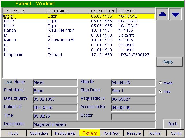 11 DICOM Functions Fig. 11-1 DICOM Worklist Select the desired item on the list using the arrow buttons. Press the Apply button.