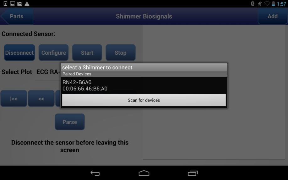 Shimmer ECG/GSR Generator Data is streamed into the app and an there exists an option to observe frames of either lead I (LA-LL),