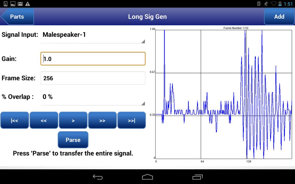 Long Signal Generator Consists of pre-recorded audio/noise signals. Data is processed and visualized as frames.