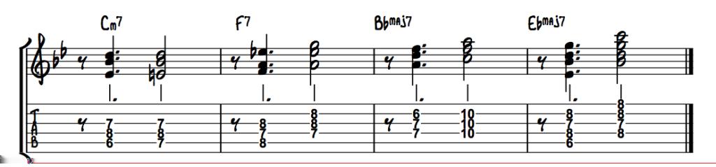 guitar. Below is the Jim Hall comping example itself. Included with the music and tab notation are the recorded audio example and a backing track to help you practice.
