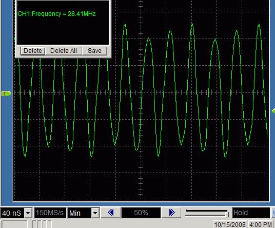 184 MHz (4 times the desired center frequency of 7.046 MHz). The AC pk-pk voltage should be aproximately or less than 3.3 V p-p. The waveform should approximate be a square wave. If you get 56.