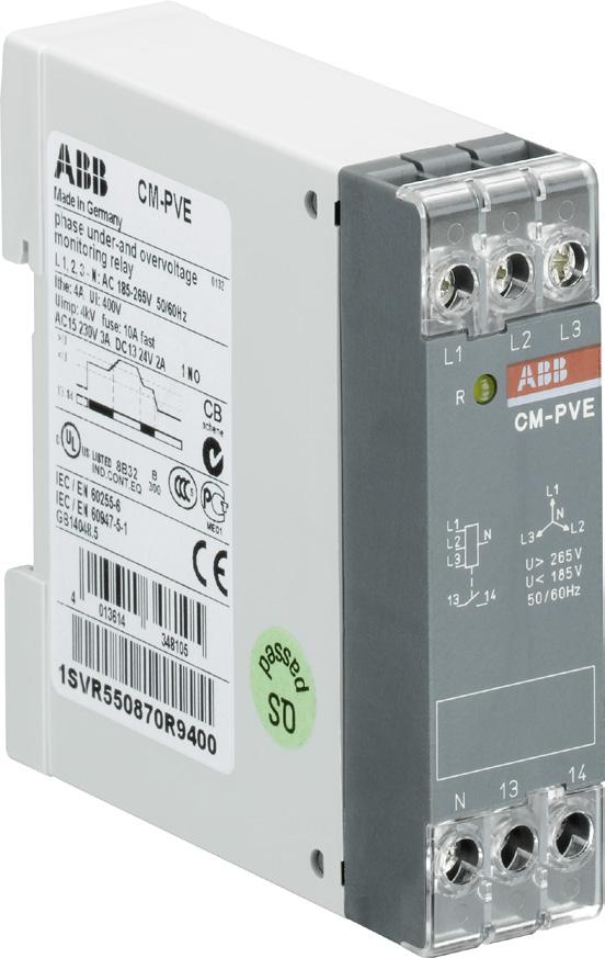 Functions Operating controls 1 Indication of operational states R: yellow LED Relay status 1 2CDC 251 006 S0012 Application / operating mode The CM-PVE is designed for use in three-phase mains for