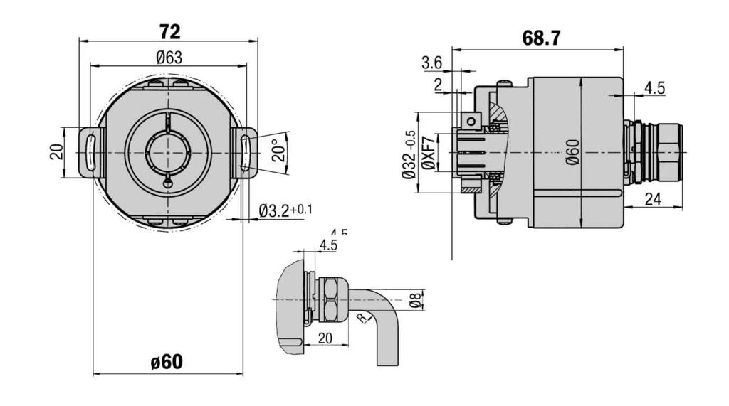 Incremental Encoder DRS0/DRS, blind hollow shaft up to 8,92 Dimensional drawing blind hollow shaft radial Incremental Encoder Connector or cable outlet Protection class up to IP Electrical interfaces
