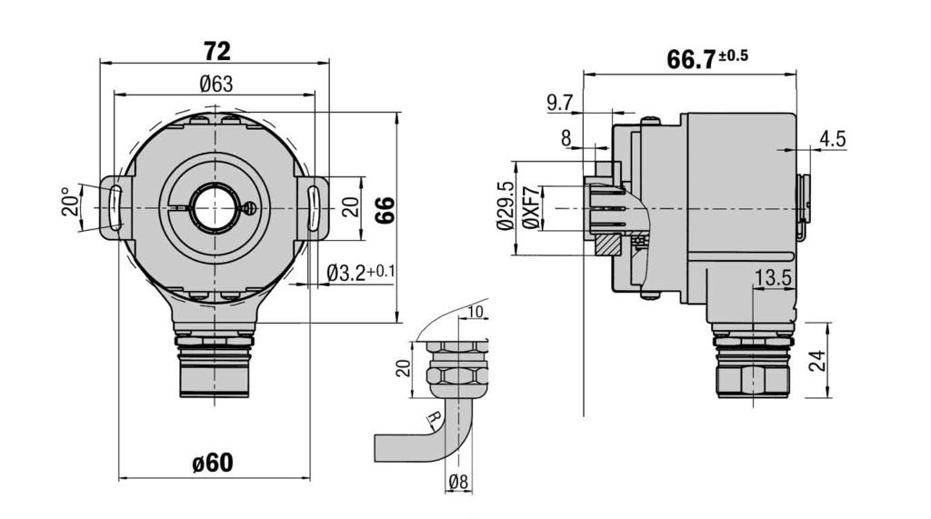 Incremental Encoder DRS0/DRS, through hollow shaft up to 8,92 Dimensional drawing through hollow shaft radial Incremental Encoder Connector or cable outlet Protection class up to IP Electrical