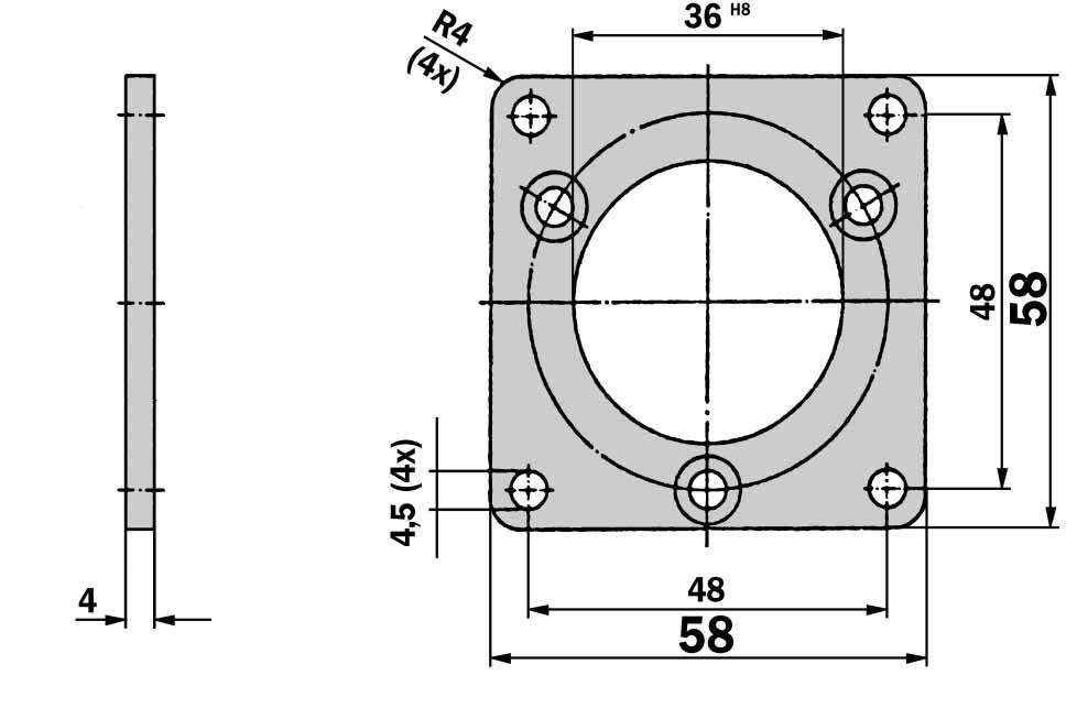 Accessories Mounting systems Dimensional drawings and order information Mechanical Adaptors Adaptor flange of aluminium for face mount flange, spigot 3 mm Part no.