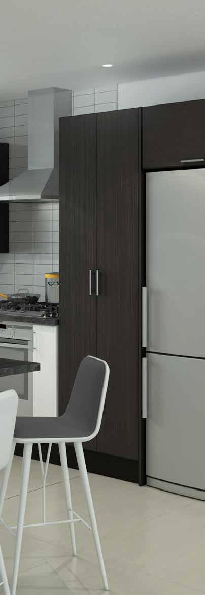 LIFESTYLE L-SHAPED KITCHEN WITH ISLAND CABINET COLOUR Melteca Pure Grain / Hi Gloss Warm White Blackened Linewood