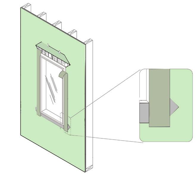 Cut a header flap in the building wrap above the top of the window, fold up the header flap and temporarily tape in position. Fold the building wrap into the sides of the opening and over the sill.
