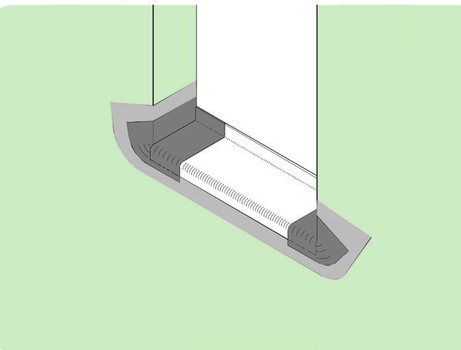 Attach the sill pan using roofing nails or panhead screws. Then install small pieces of stretchable flashing, e.g. Kingspan GreenGuard, at the sill corners so that they overlap the sill pan edges and the side jamb (see Figure 22).