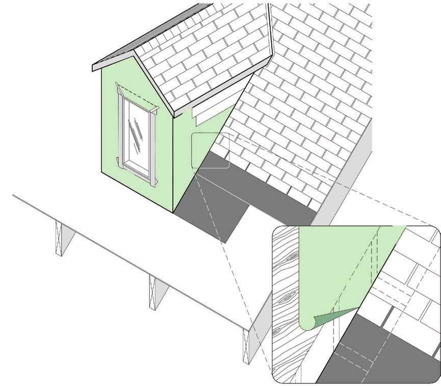 Figure 31 shows the installation of flashing, e.g. Kingspan GreenGuard Flashing at the ledger board of a deck attachment.