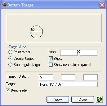 9. Click Close to exit the dialog. Datums can be resized and repositioned by clicking the text and dragging. This will change the length of the leader, as well as reposition the datum box.