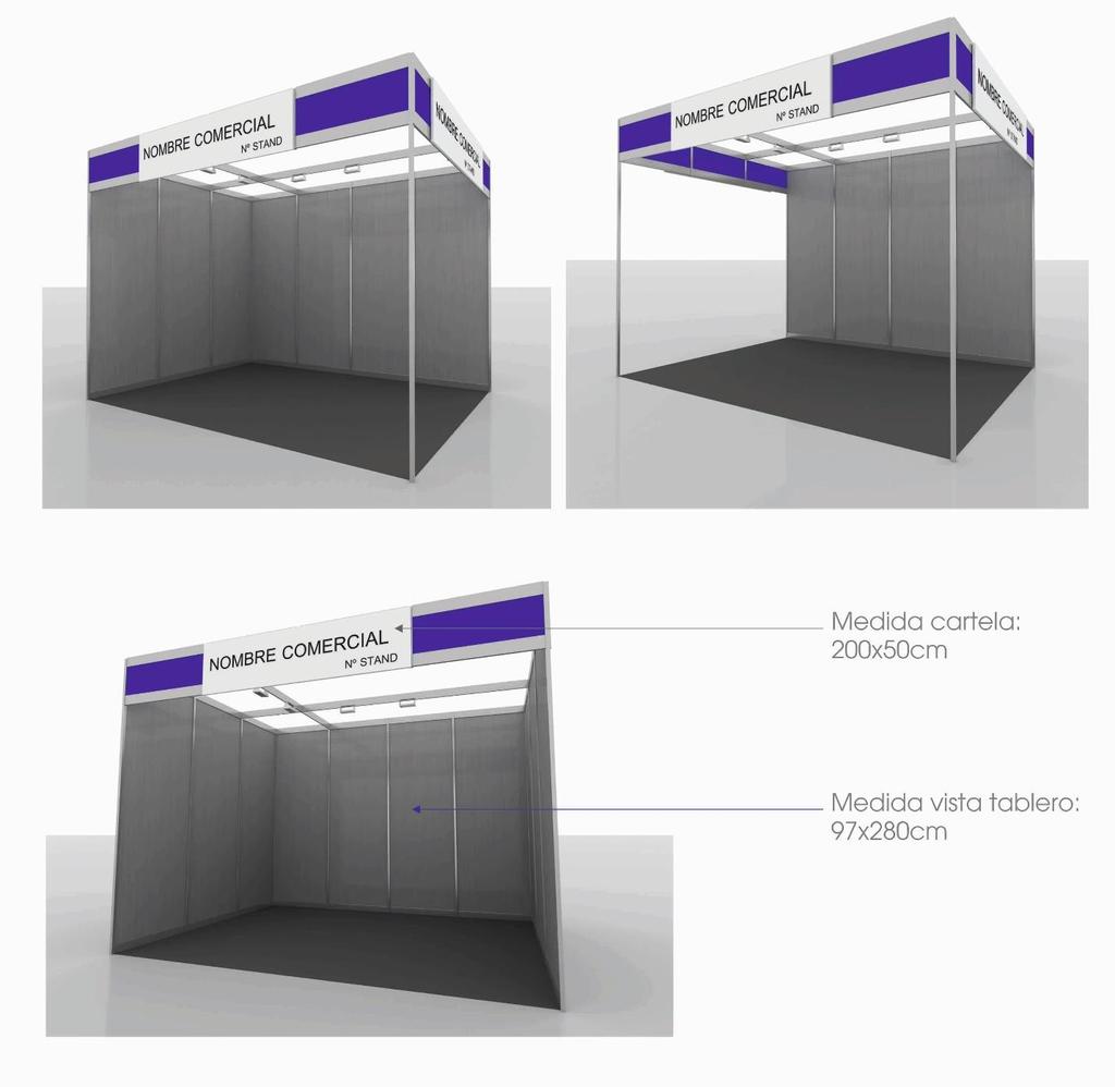 BOOTH 12m2 (4x3m) Size: Size: - Floor with light gray carped places directly to the floor covered with plastic film during the sett up - Fascia (2,00 X 0,50m) with