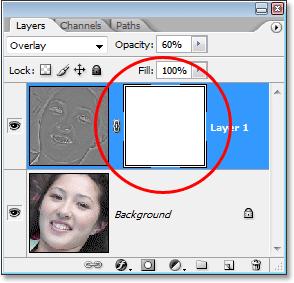 Nothing happens to the image in the document window, but we can see in the Layers palette that we now have a layer mask thumbnail added to "Layer 1": The Layers palette in Photoshop showing the layer