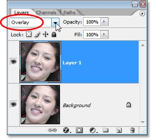 Step 2: Change The Blend Mode Of "Layer 1" to "Overlay" With "Layer 1" selected in the Layers palette (the currently selected layer is highlighted in blue), go up to the layer blend mode option in