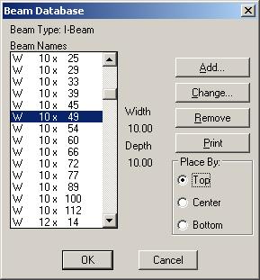 3D-10 3D DESIGN TUTORIAL In the Beam Database dialog box, pick a W 10 x 49 (W 250 x 89) beam. In the Place By section, click Top to set the elevation to Top of Steel. Click OK.