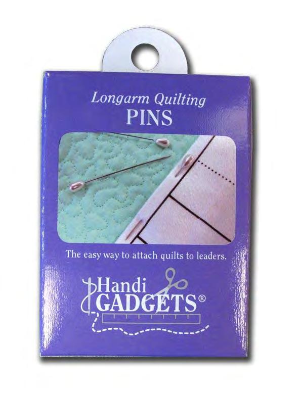 Pinning to the Leaders Use HQ Longarm Pins 2 inches in length with pearl heads that are easy on the fingers. These pins are very strong and not susceptible to bending.