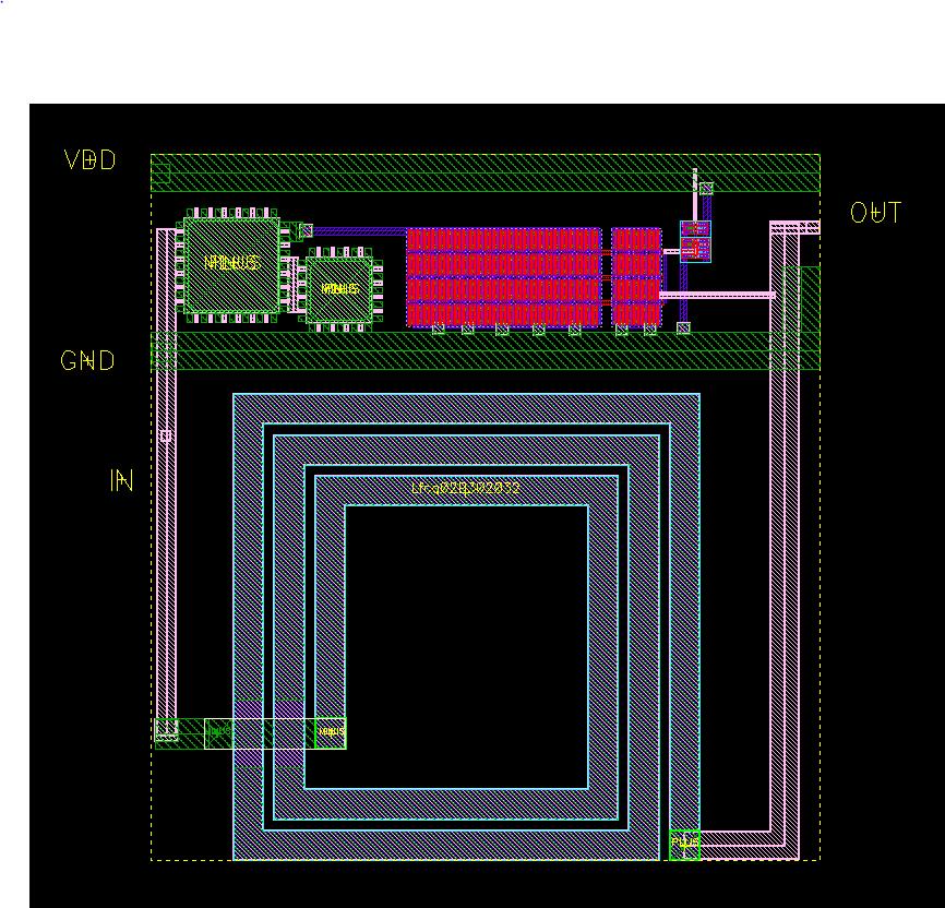 Figure 21: Layout of TR switch The layout shown in Figure 22 of the pads, TR switch, and LNA takes up 685 x 1280 μm, including space left near the bottom for routing to the IF