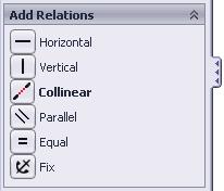 6. Adding a Collinear relation**: - Select the Add Relation command again. - Select the 3 lines as shown below. - Click Collinear from the Add Geometric Relations dialog box. - Click OK.