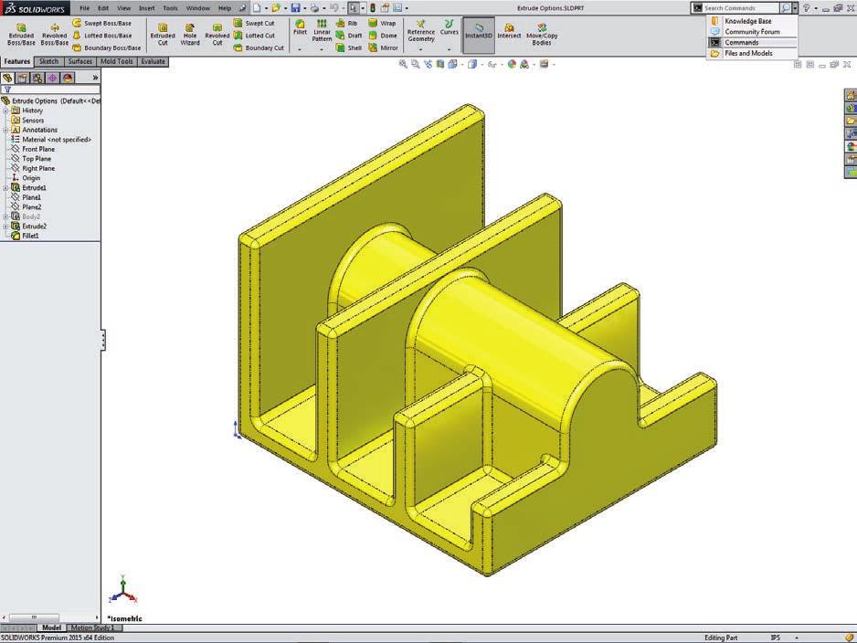 Using the Search Commands: The Search Commands lets you find and run commands from SolidWorks Search or locate commands in the user interface.
