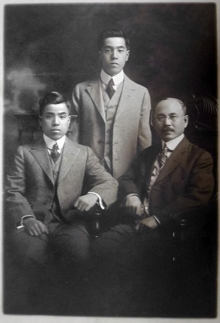 Hisajiro and Eisuke Miura with Sezo Hatashita, at right, ca. 1917. Collection of the Miura family.