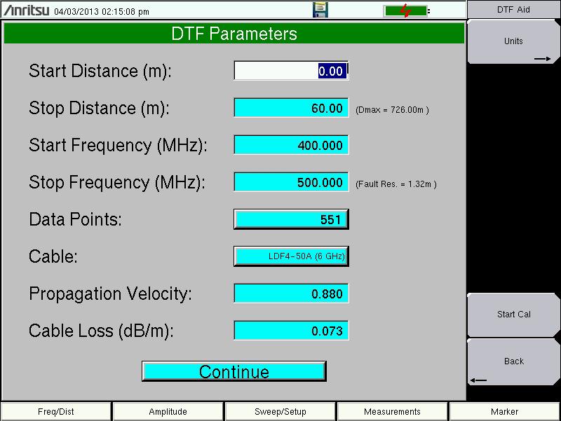 Cable and Antenna Analyzer 2-6 Distance-to-Fault (DTF) DTF Measurement 1. Press the Measurements main menu key and select DTF Return Loss or DTF VSWR. 2. Press the Freq/Dist main menu key. 3.