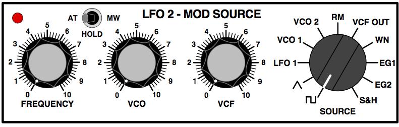 Grp A Synthesizer Manuale Utente Sezione LFO MOD SOURCE It contains the Low Frequency Oscillator. You can choose several different modulation sources gathered in SOURCE selector.