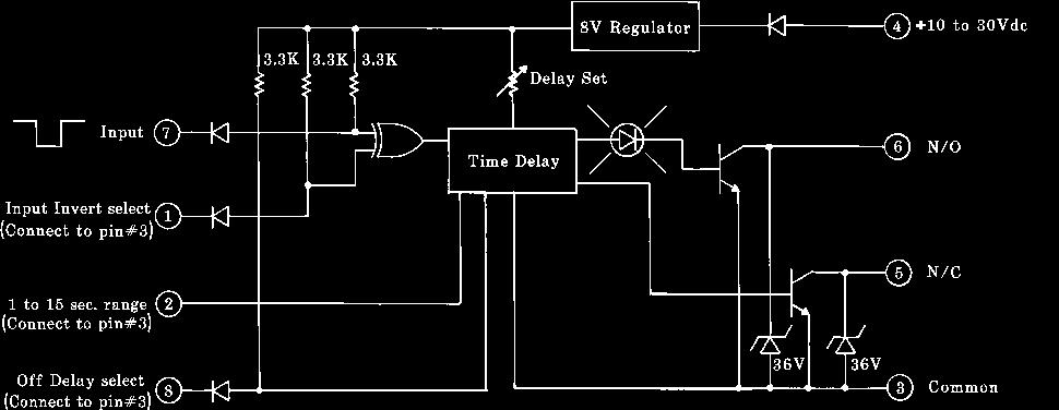 t may also be used to add a delay timer to any current sinking dc device or to a system which offers a contact closure output.
