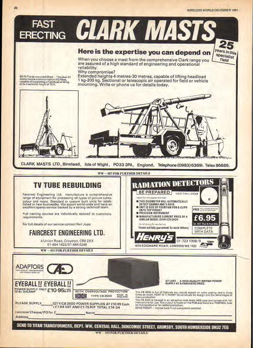 20 WRELESS WORLD DECEMBER 93 FAST ERECTNG ClARK MASTS 63/70 Tra let-mounted Mast The ideal 2 metre mobile common cation l-q Mast, capable ol supporting a "eadload of 40 kg at Us maximum hs -got of 7C