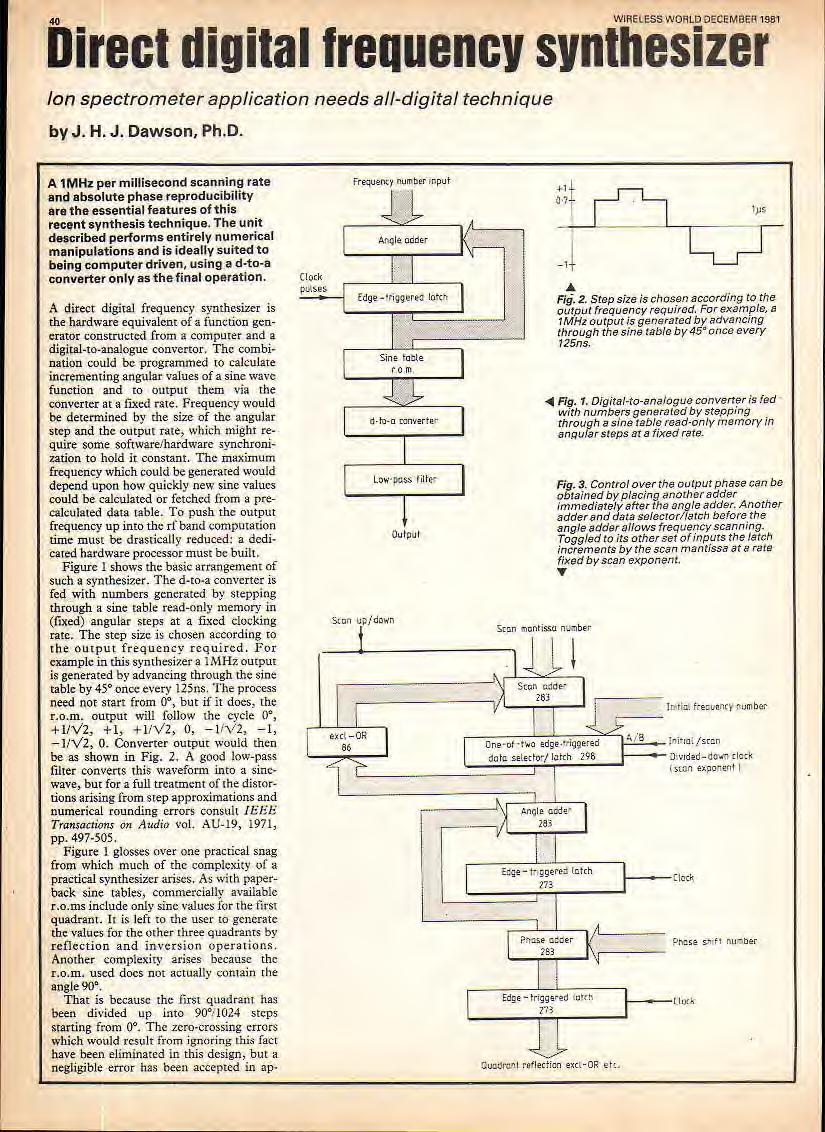 40 WRELESS WORLD DECEMBER 98 Direct digital frequency synthesizer on spectrometer application needs all-digital technique by J H J Dawson, PhD A MHz per millisecond scanning rate and absolute phase