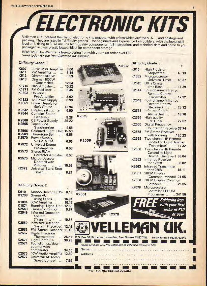 rising Hastings WRELESS WORLD DECEMBER 98 3 ELECTRONC KTS Velleman UK present their list of electronic kits together with prices which include VAT and postage and packing They are listed in