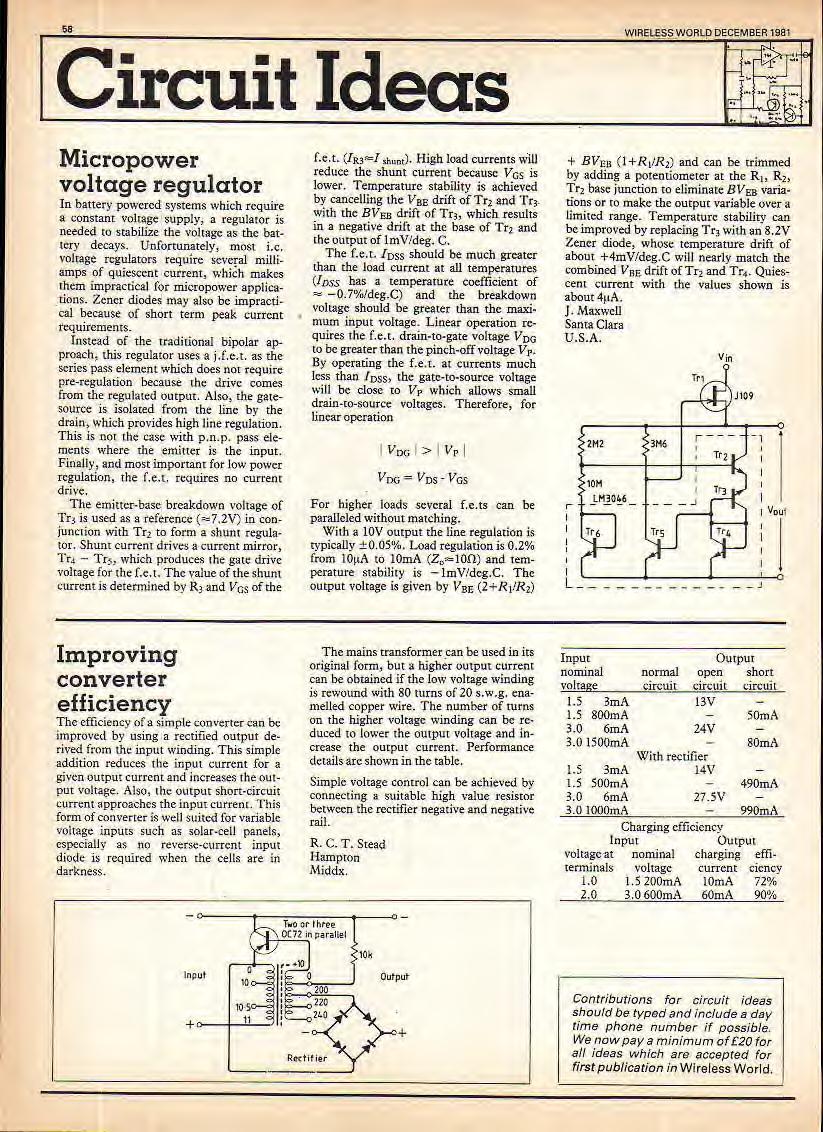 A 58 WRELESS WORLD DECEMBER 98 Circuit deas "O Micropower voltage regulator n battery powered systems which require a constant voltage supply, a regulator is needed to stabilize the voltage as the